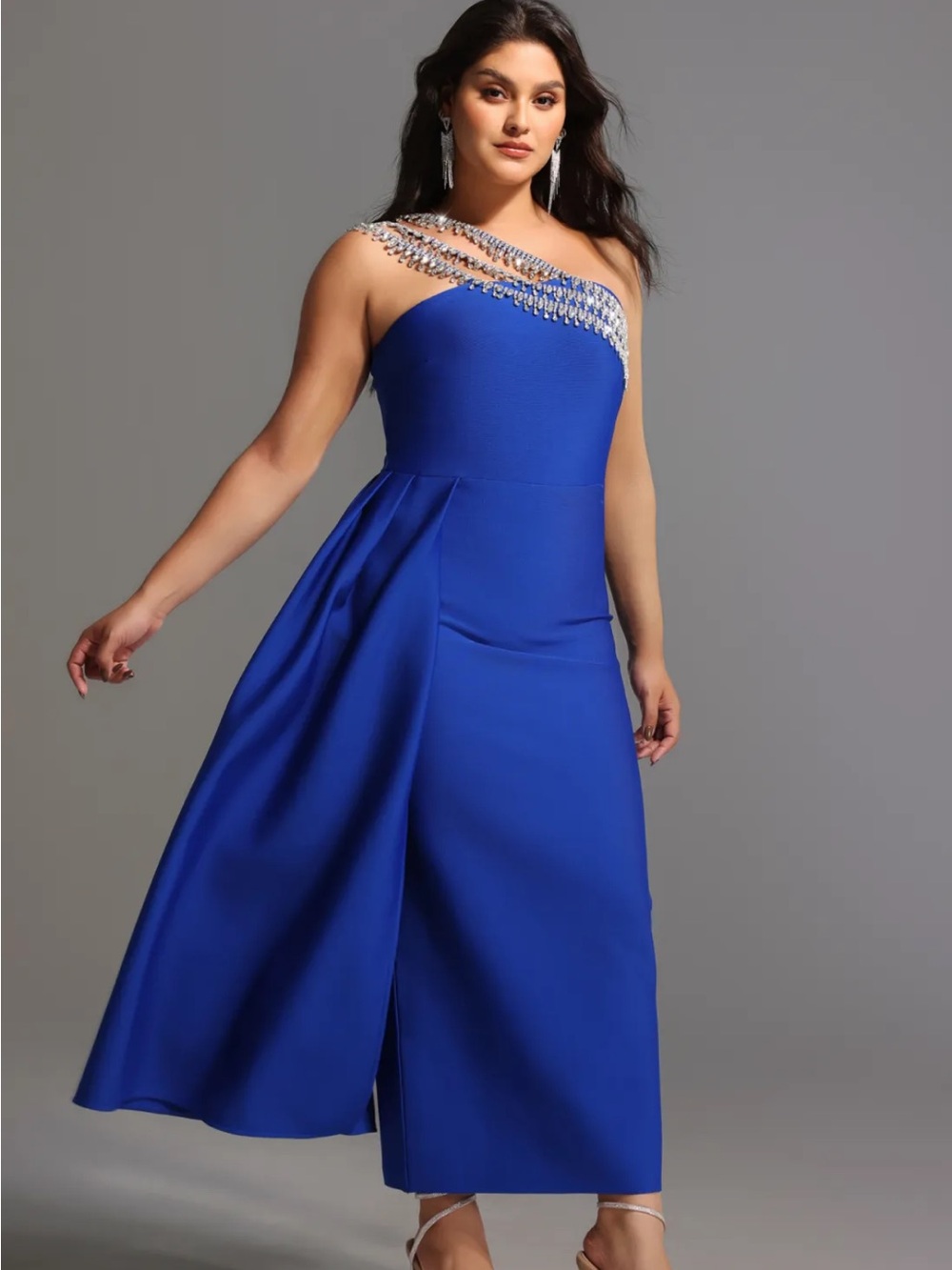 One-Shoulder Royal Blue Evening Dress with Embellished Neckline